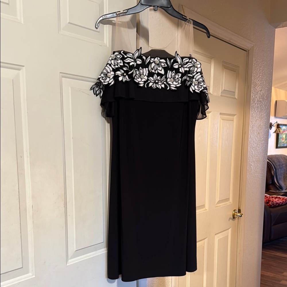 MSK illusion Shoulder embellished rhinestone & Pearl Floral Off-Shoulder Dress